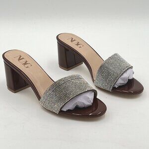 Brown Comfy Open Toe Rhinestones Slip On Mule Mid Chunky Heel Slide Sandals